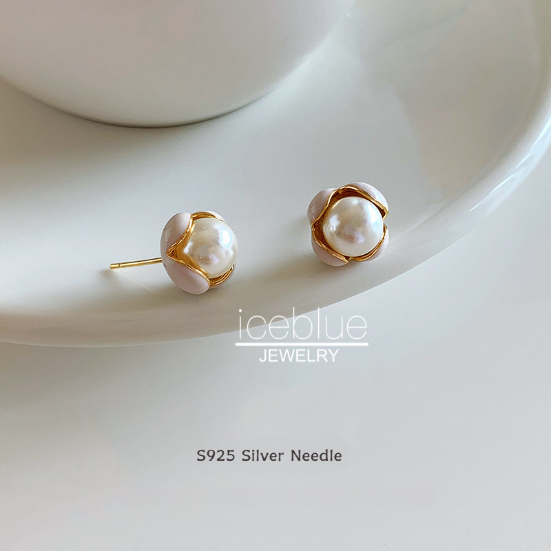 Iceblue-S925 เข็มเงินดอกไม้ Pearl Stud ต่างหู 18K Gold Plated กันน้ํา Non Tarnish Hypoallergenic สําหรับผู้หญิง E100