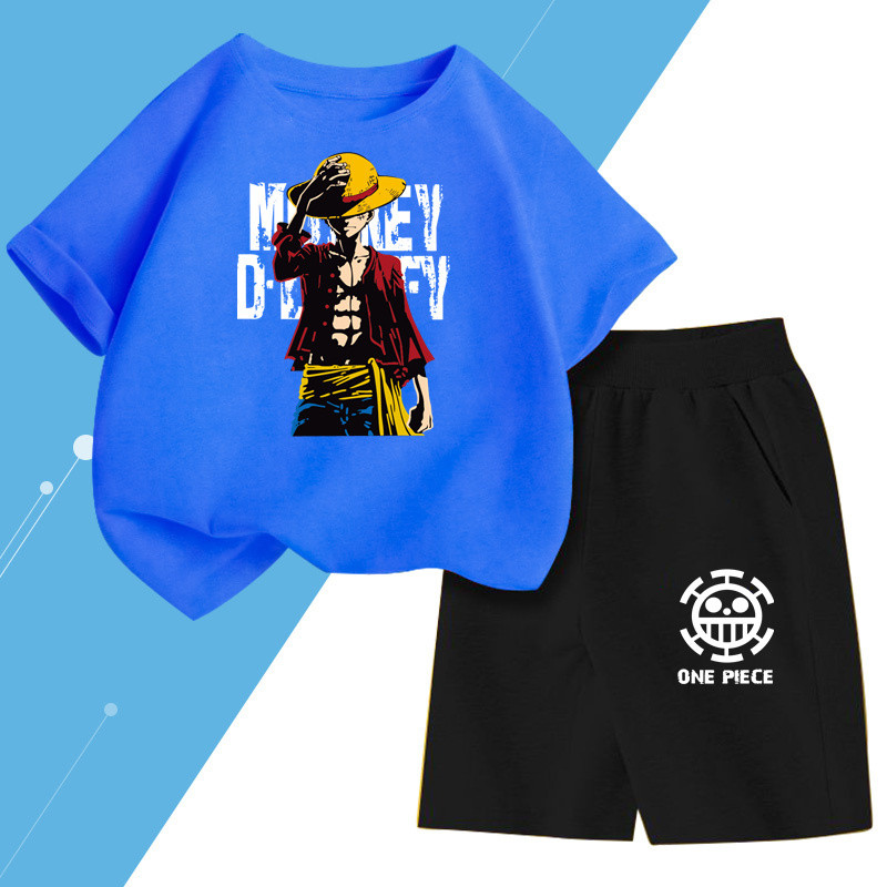 ชุดเด็กเสื้อยืดแขนสั้นและกางเกง แบบลูฟี่ เสื้อผ้าชุดฤดูร้อนญี่ปุ่น