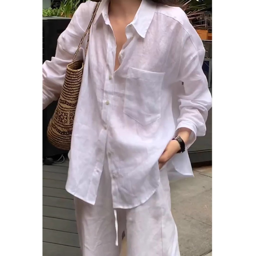 เสื้อเชิ้ตสีขาวผู้หญิงแขนยาวจากผ้าลินินแท้และเทนเซล สไตล์หลวมสำหรับสวมใส่กลางแจ้ง