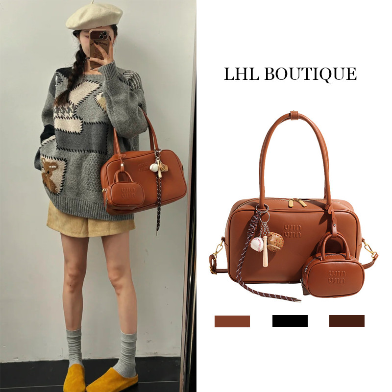 LHL BOUTIQUE กระเป๋าสะพายข้าง boston bag แฟชั่น กระเป๋าหนัง pu กันน้ํา ย้อนยุค มี ซิป ใบ เล็ก