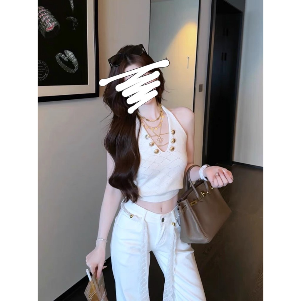 Chill Chill Chill Chill Chill Sister เซ็กซี่ Slim-fit ยืดถัก Halterneck Top ผู้หญิง V คอ Design Sens