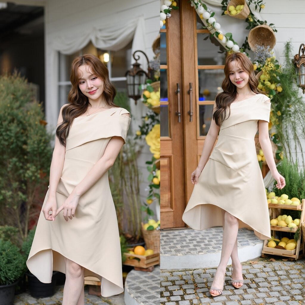 Claudia Asymmetric Dress : สีเบจ [Made by Pastel Time]