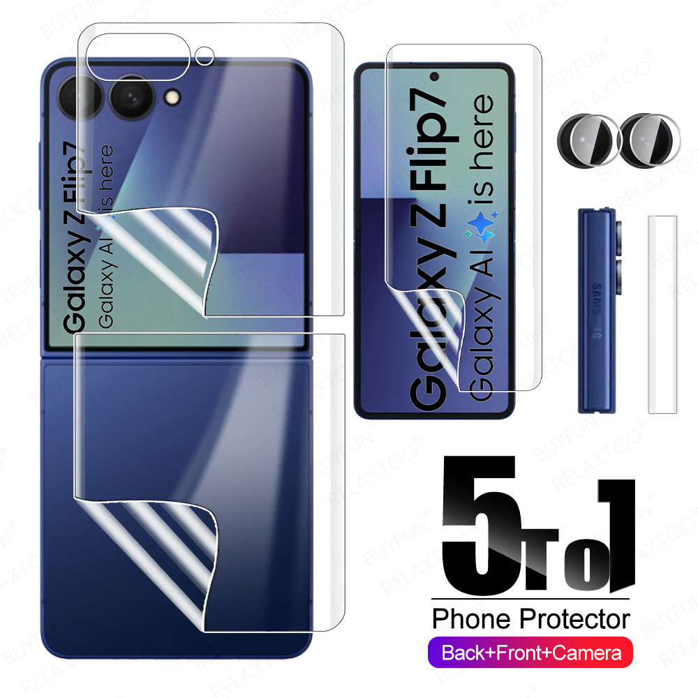 SAMSUNG 5in1 ด้านหน้ากลับฟิล์มHydrogelสําหรับSamsung Galaxy Z Flip7 บานพับสติกเกอร์ZFlip7 Zพลิก 7 5Gกล้องกระจกป้องกันหน้าจอ