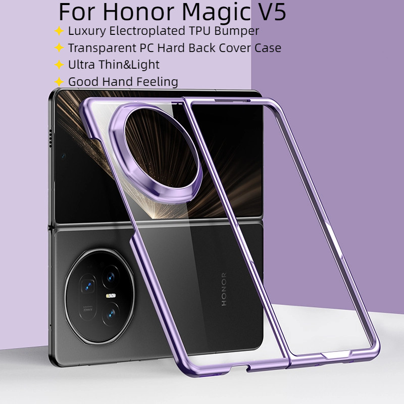 สําหรับ Honor Magic V3 V 3 V5 กรณีหรูหรา Electroplated กันชนโปร่งใส PC Hard Flip ฝาครอบโทรศัพท์สําหร