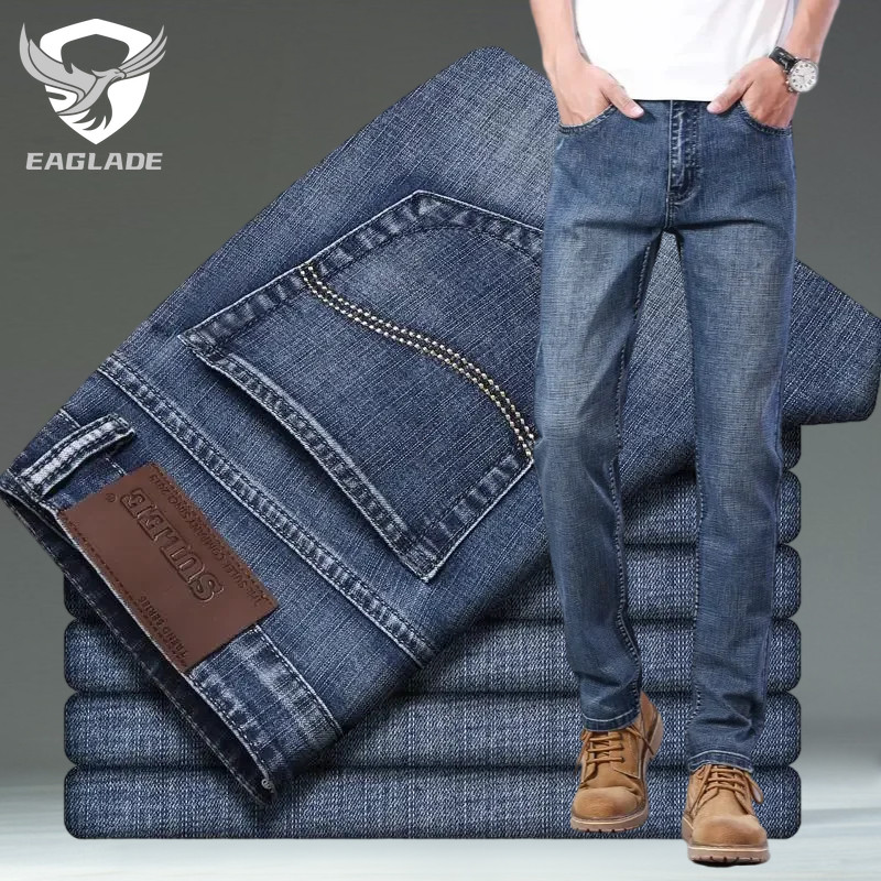 EAGLADE ดีนิมแจ๊กเกตส์สำหรับผู้ชาย สีบลูลายเส้นตรงยืดหยุ่นได้