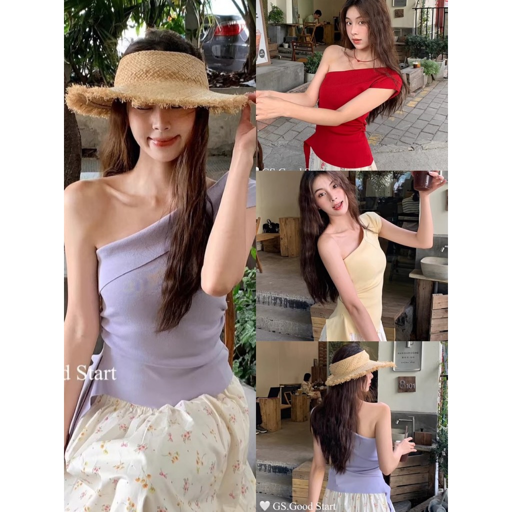 🍋Evelyn🍋เสื้อกล้ามไหมพรม ดีเทลสายข้างเดี่ยวผ้าร่อง สีสดใส สีทึบ เข้ารูป เสื้อเว้าอก  ใส่สบาย ใส่เที่ยว แฟชั่นสาว