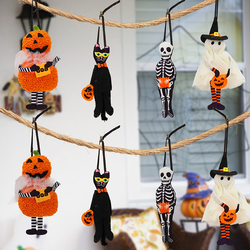 Spooky Black Cat Skeleton Pendant - Halloween Pumpkin Ghost Doll Hanging Ornament for Decor