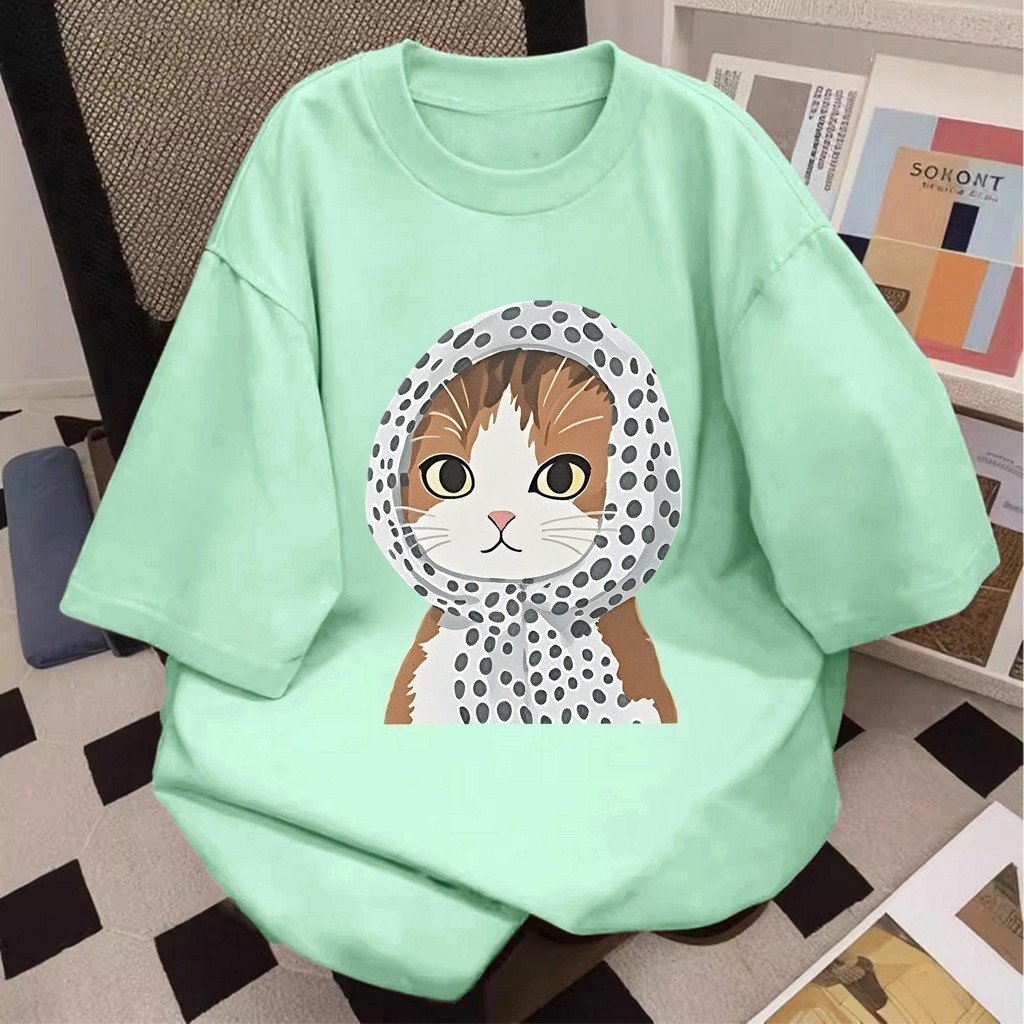Y-T🧸เสื้อสาวอวบ เสื้อยืด oversize ผ้าฝ้าย100% ไม่ต้องรีดผ้า สวมใส่สบาย วินเทจ ผ้านิ่ม ลาย "Cat Speck" แนวสตรีท