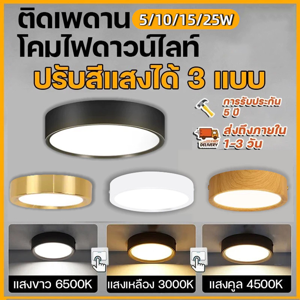 ไฟติดห้อง ไฟเพดาน LEDไฟห้องนอน Panel Light ไฟดาวน์ไลท์ 3สี LED ดาวน์ไลท์ติดลอย โคมไฟเพดาน Downlight