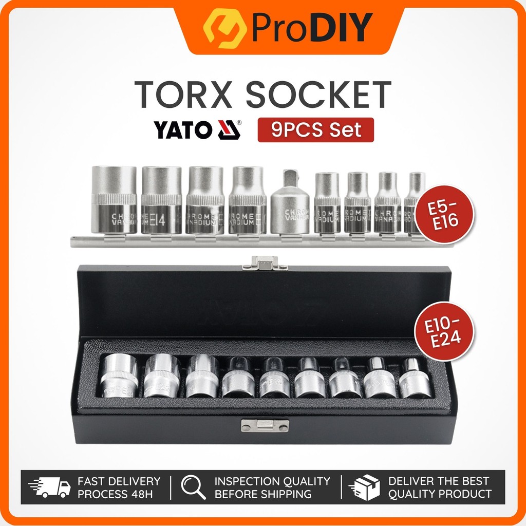YATO 9 ชิ้น Torx ซ็อกเก็ตชุด Kunci Soket Torx เครื่องมือ Chrome Vanadium พร้อม Hard Case Tahan Lasak