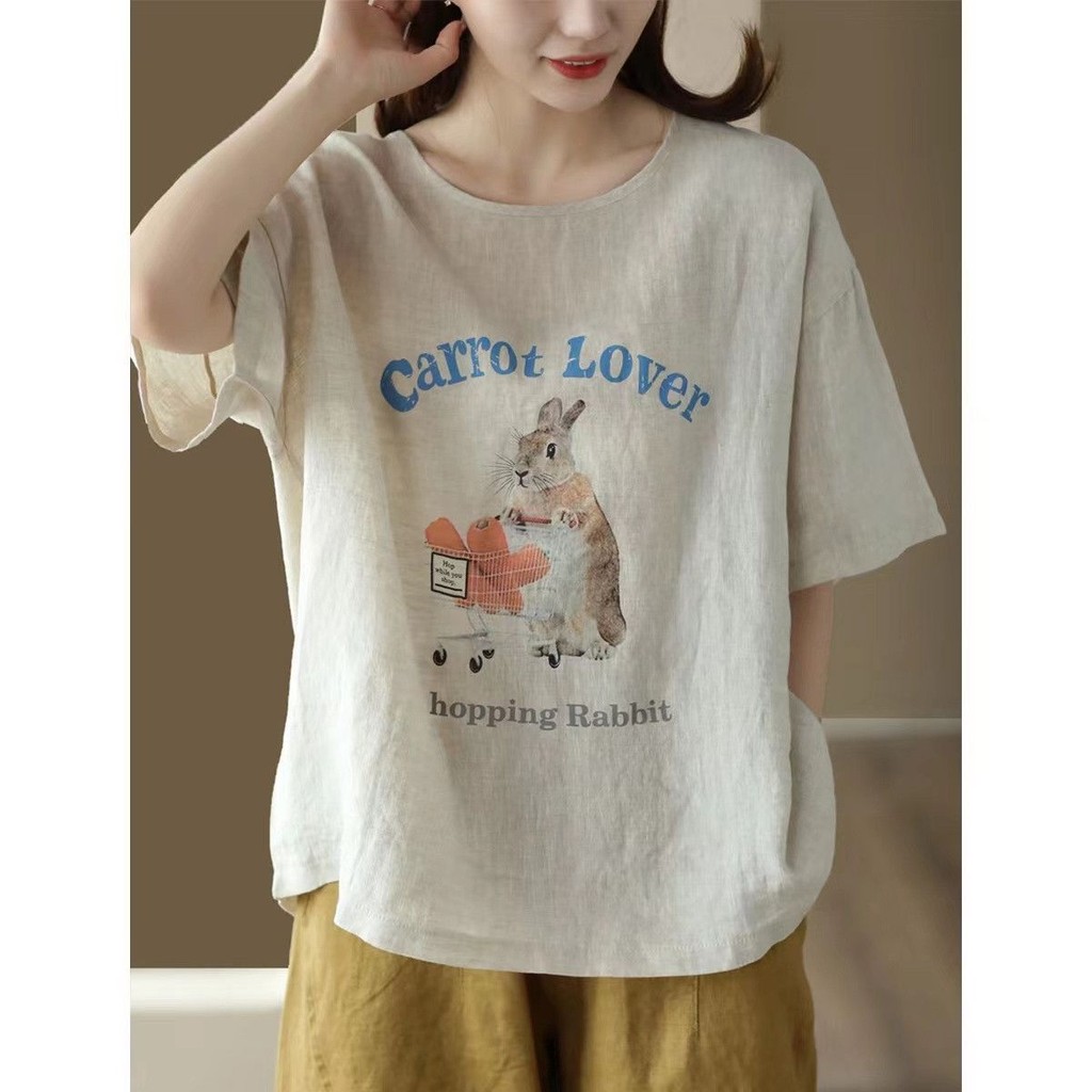 [สไตล์ขายดี] ฤดูร้อนสไตล์ใหม่ผ้าฝ้ายผ้าลินินด้านบนผู้หญิงแขนสั้นหลวมเกาหลีรุ่นแฟชั่นรอบคอย้อนยุคพิมพ์สบายๆทุกการแข่งขันเสื้อยืดบา