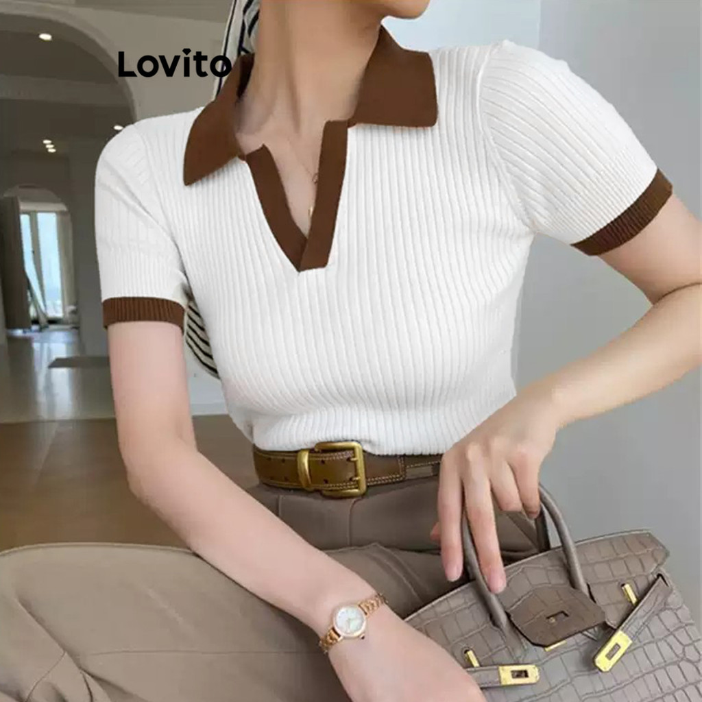 (แคชชวล) Lovito เสื้อยืดฤดูใบไม้ผลิและฤดูร้อนสบายๆเย็บปะติดปะต่อกันคมชัดปกผูกพื้นผิวผ้าเสื้อยืดสําหรับผู้หญิง L121AD1107