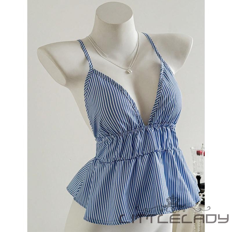 LTL-ผู้หญิงลายSlim Deep Vคอสปาเก็ตตี้เปิดกลับCross Ruffle Hem Tank Tops