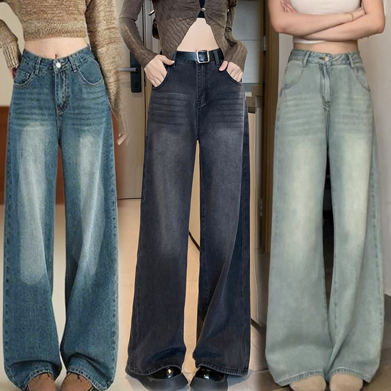 Laterme (S-6XL）กางเกงยีนส์ กางเกงเอวสูง ขากว้าง ทรงสวย เเมชท์ง่าย