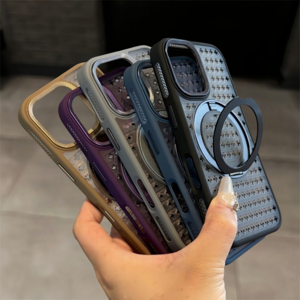 ทะเลทรายโกลด์ 360° หมุนขาตั้งระบายความร้อนกันกระแทกเคสโทรศัพท์สําหรับiPhone 11 12 13 14 15 16 Pro Max PlusโลหะFulcrumชาร์จแม่เหล็กปกหลังรังผึ้งCoolingปลอก