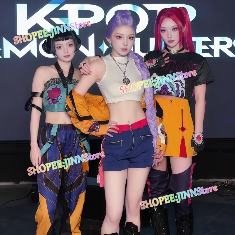 คอสเพลย์ชุด DEMON HUNTERS สำหรับ RUMI, ZOEY, และ MIRA พร้อมอุปกรณ์เสริม เหมาะสำหรับงานคาーニวัลและเทศกาลอีเว้นท์ต่างๆ