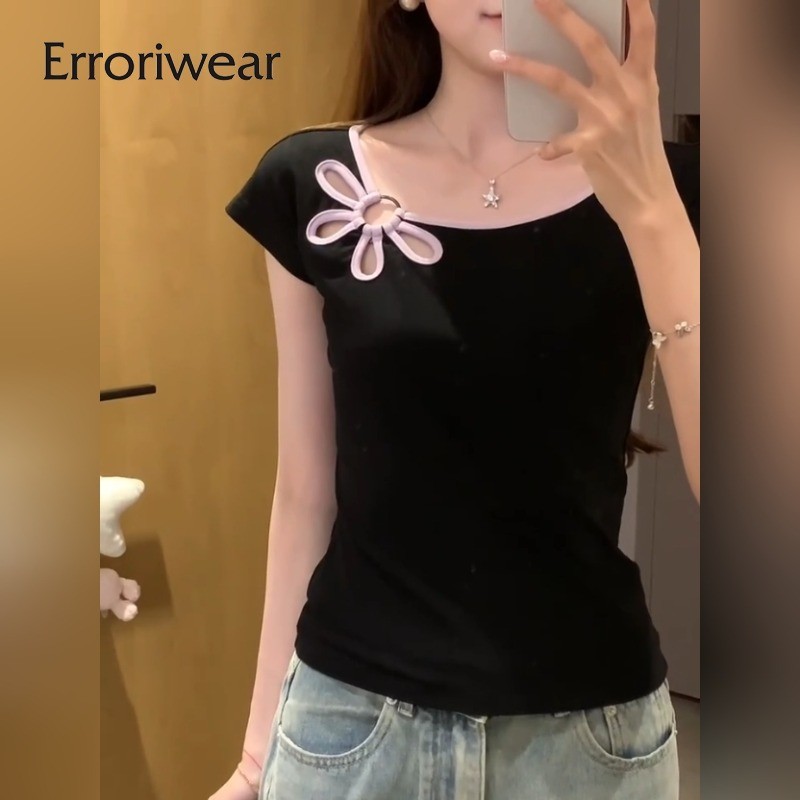 เสื้อยืดคอกลมลายดอกไม้ แขนสั้น สไตล์ลำลองสำหรับวันสบายๆ ของผู้หญิง