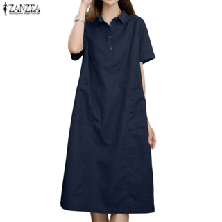 ZANZEA เสื้อเชิ้ตสไตล์เกาหลี แขนสั้น มีปุ่มและกระเป๋า ทรงหลว…