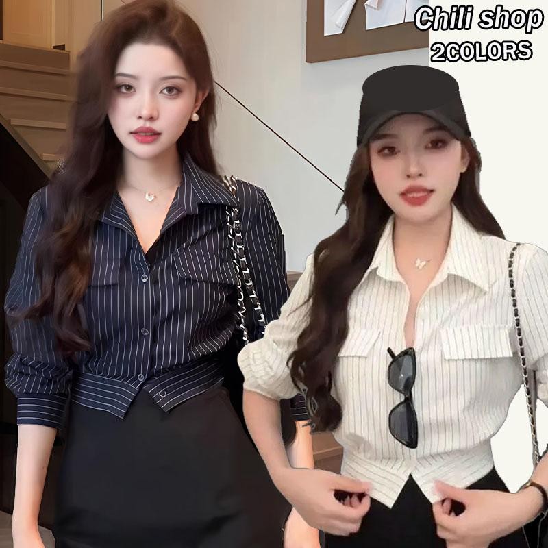 Chili#เสื้อเชิ้ตแขนยาวคอปกลายทางสไตล์ฝรั่งเศสกระดุมแถวเดียวสำหรับผู้หญิงช่วงต้นฤดูใบไม้ร่วงใหม่เสื้อโค้ททรงเข้ารูป#W629