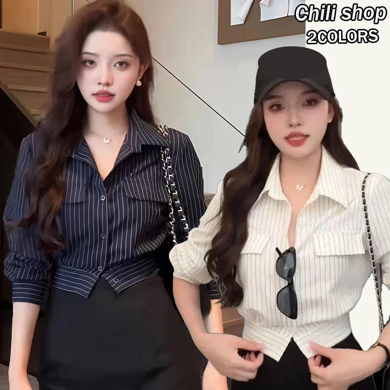 Chili#เสื้อเชิ้ตแขนยาวคอปกลายทางสไตล์ฝรั่งเศสกระดุมแถวเดียวสำหรับผู้หญิงช่วงต้นฤดูใบไม้ร่วงใหม่เสื้อโค้ททรงเข้ารูป#W629