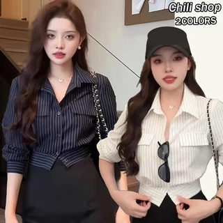 Chili#เสื้อเชิ้ตแขนยาวคอปกลายทางสไตล์ฝรั่งเศสกระดุมแถวเดียวสำหรับผู้หญิงช่วงต้นฤดูใบไม้ร่วงใหม่เสื้อโค้ททรงเข้ารูป#W629