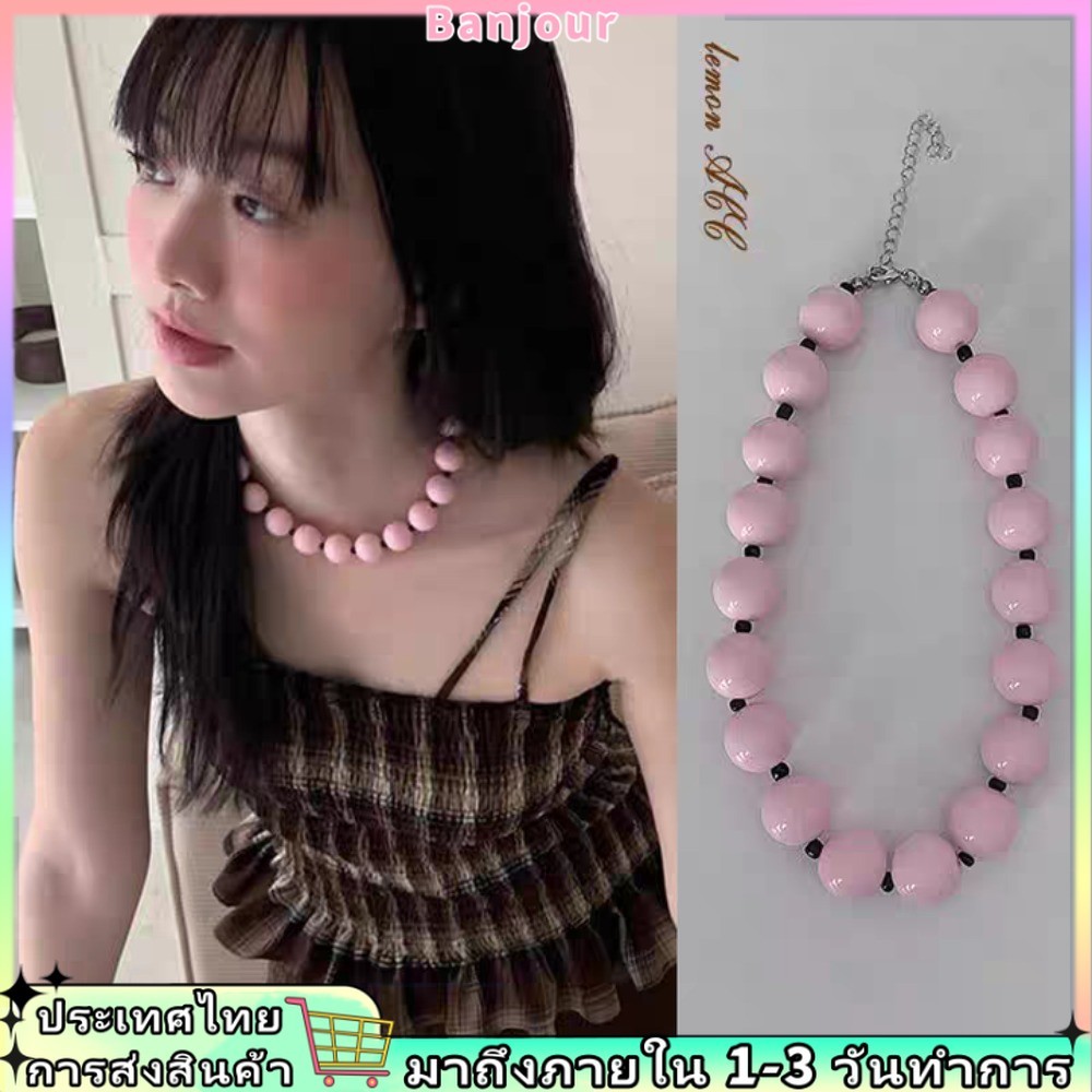 สร้อยคอมะนาวสไตล์ Y2K สีชมพู พร้อมอะคริลิกลูกปัด ปรับขนาดได้ เหมาะสำหรับ.party night