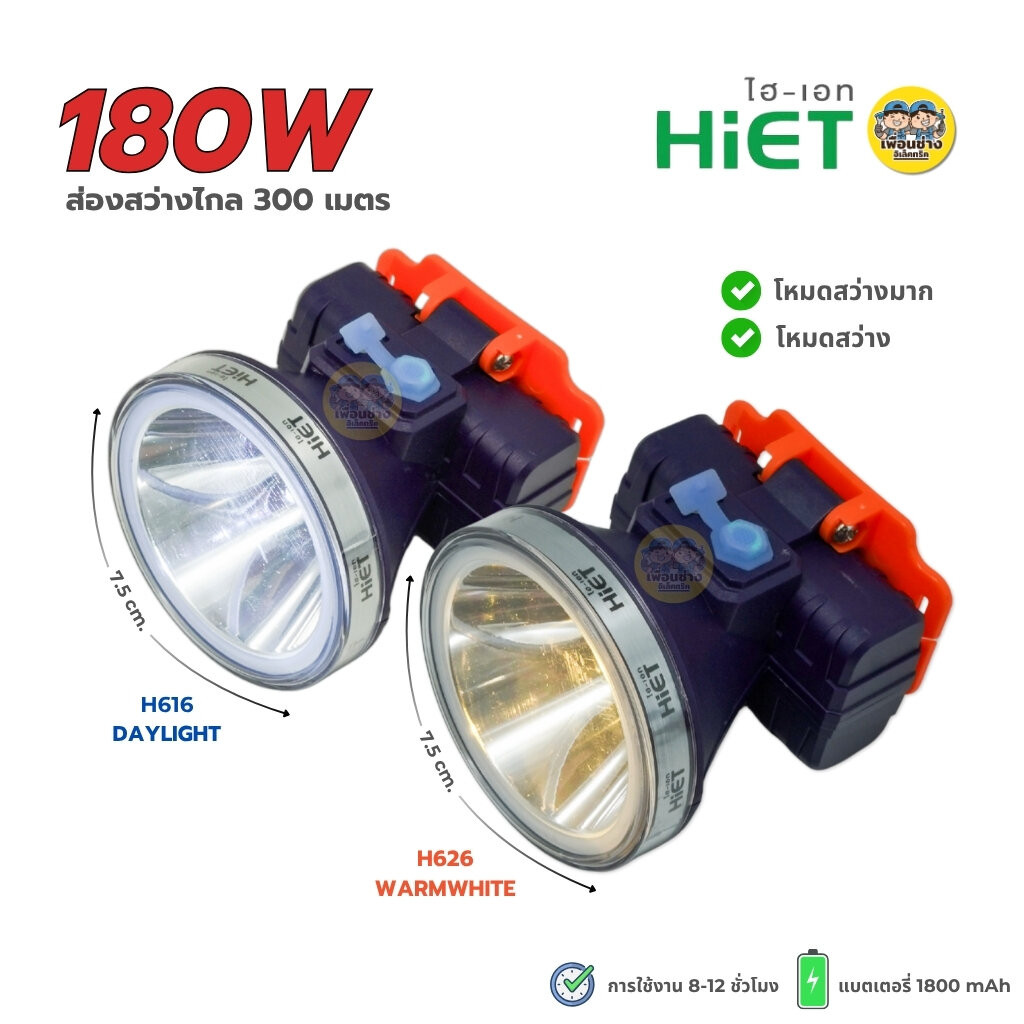 HiET ไฟฉายคาดหัว 180W รุ่น H616 H626 เลนส์กระจายแสงที่ใหญ่ขึ้น แสงขาว แสงวอร์ม ไฟฉายส่องกบ ไฟฉายคาดศรีษะ