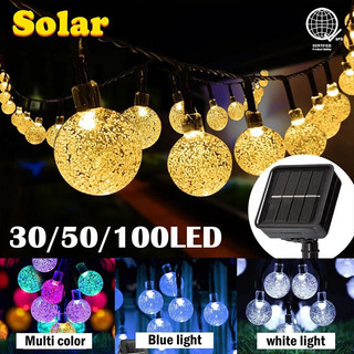 พร้อมสต็อก พลังงานแสงอาทิตย์ String ไฟกลางแจ้งคริสตัลบอล Fairy Light Chritmas Garland 8 โหมดกันน้ํา Patio Light สําหรับ Garden Party Decor ไฟ LED String Lampu raya kelip คริสต์มาส