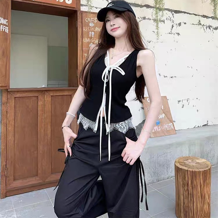 กั๊กลูกไม้สำหรับเพศหญิง แบบปลอมสลิง สไตล์สองชิ้น สั้น สวมใส่ง่าย - รูปที่ 3