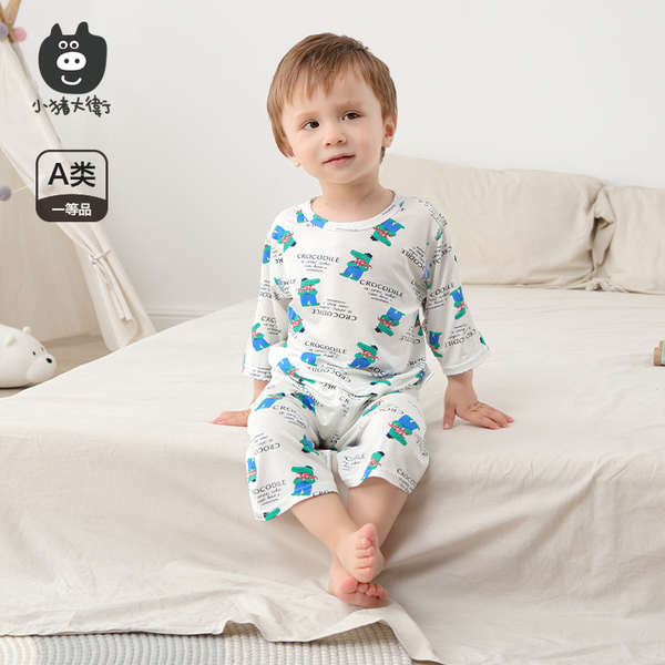 ชุดนอนแขนสั้น ชุดนอนการ์ตูน kiki baby shop Little Pig David ชุดเจ็ดจุดสำหรับเด็กฤดูร้อนผ้าฝ้ายซินเจี