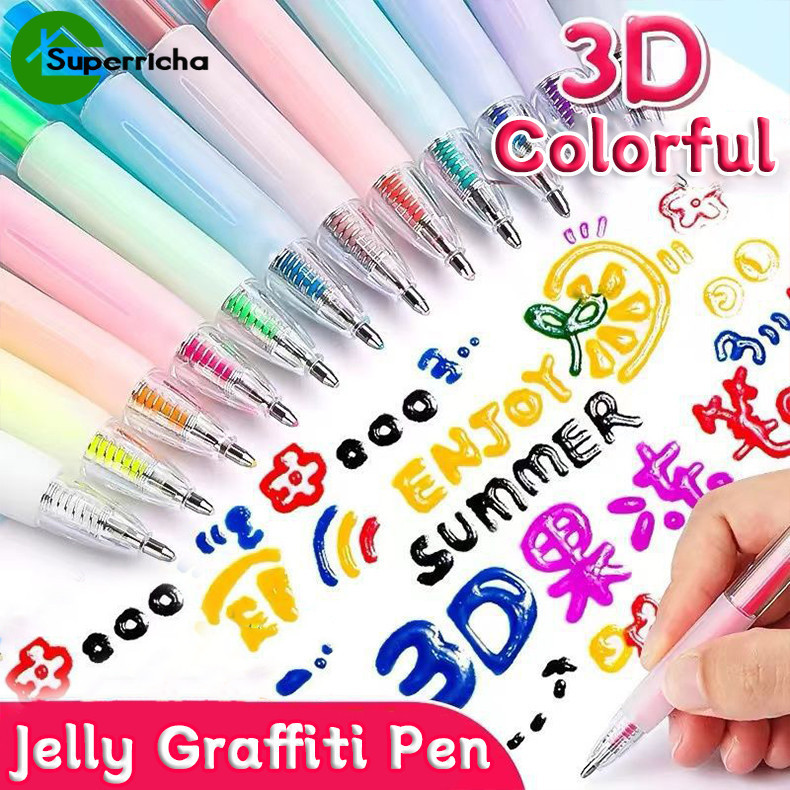 [H&L]12 สี 3D Jelly Pens Smooth Writing Gel Pens, Bullet-Tip สําหรับกระดาษ/เซรามิค/แก้ว, Kawaii เครื