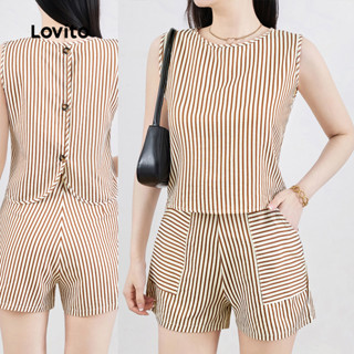 Lovito ชุดกางเกงขาสั้นลำลองพร้อมกระเป๋า ปุ่มสบายๆ สำหรับฤดูใ…