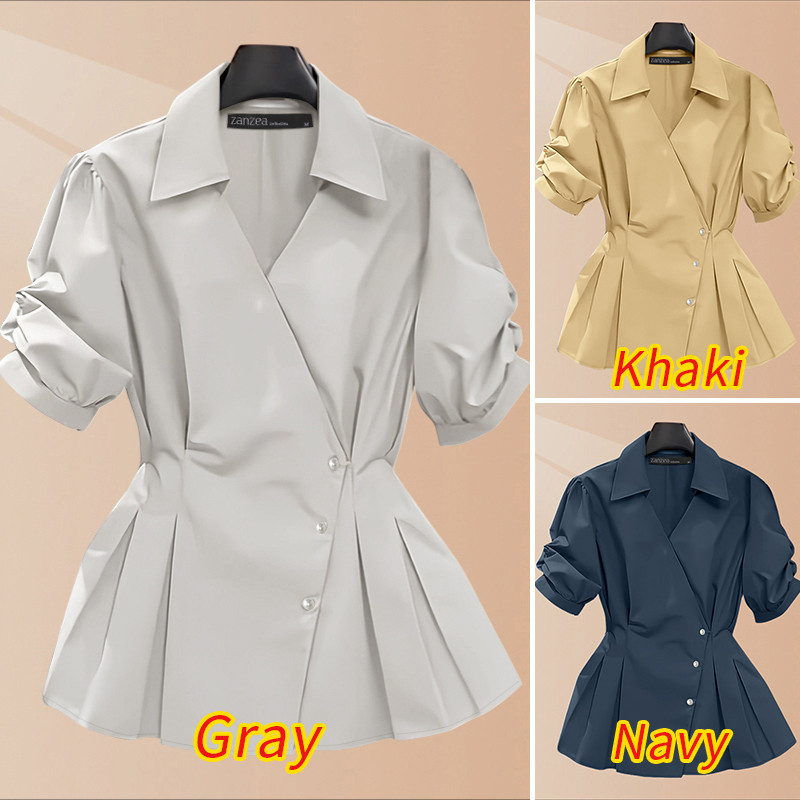 ZANZEA เสื้อเชิ้ตแขนสั้นสไตล์เกาหลี สำหรับผู้หญิง แบบคอวีติดกระดุม - รูปที่ 2