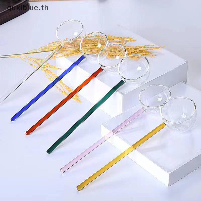 Qukiblue.th Borosilicate ช้อนแก้วยาวโปร่งใสทนความร้อนซอสช้อนซุป Spout ช้อนขนมหวานห้องครัวบาร์ปาร์ตี้ TH