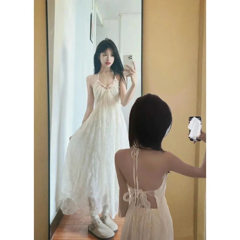 Pure Desire Style Sling Halter Dress Vacation Seaside Chiffon Premium Long Skirt Summer Fairy Fairy 