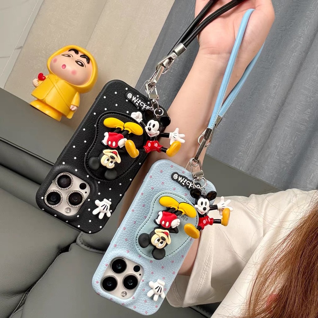 ขาตั้งหนังจี้มิกกี้เหมาะสําหรับ แอปเปิล 16โปรแม็กซ์ เคสโทรศัพท์หนัง ไอโฟน 15/14/13/12/11 เชือกหนัง