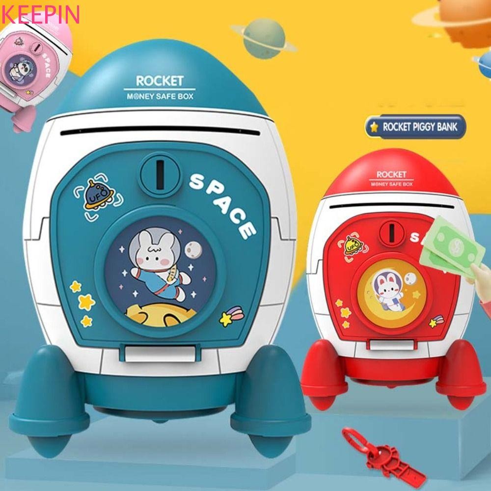 Keepin Rocket Piggy Bank,รหัสผ่านล็อคลายนิ้วมืออิเล็กทรอนิกส์ธนาคารปลอดภัยกล่อง,เหรียญเงินกล่องกุญแจทนทานเด็กกล่องเงินสําหรับเหรียญเงินสด