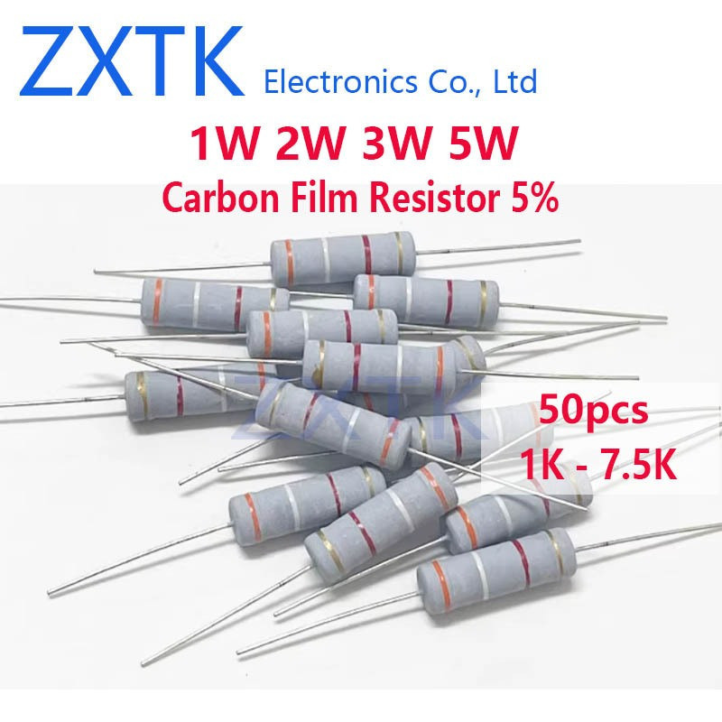 CHIP IC 50PCS Carbon film resistor 5% Ohm 1W 2W 3W 5W 1K-7.5K 1.2K 1.5K 1.8K 2K 2.2K 2.4K 2.7K 3K 3.