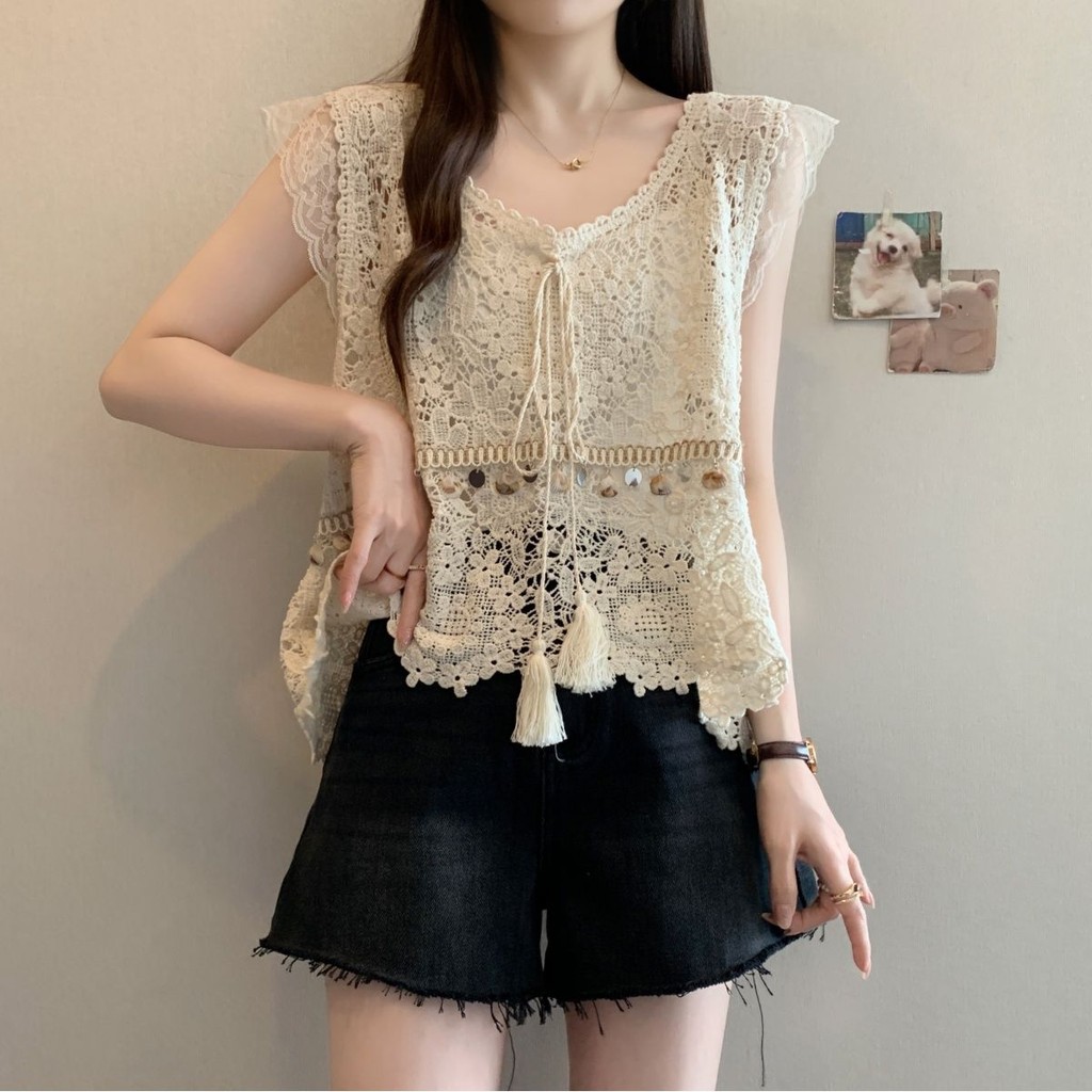 ส่งไวจากไทย⭐Summer⭐S-4XL  ลูกไม้กลวงออกตะขอดอกไม้เสื้อกั๊กเสื้อยืดผู้หญิงฤดูร้อนหลวมเสื้อบวกขนาดฤดูร้อนเกาหลี