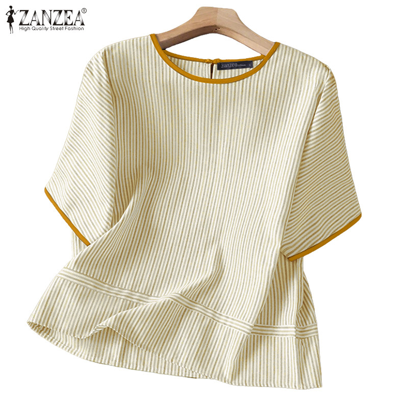 ZANZEA ซานเซีย ผู้หญิงเกาหลีทุกวันสบายๆคอกลมแขนสั้นเย็บลายเสื้อหลวม