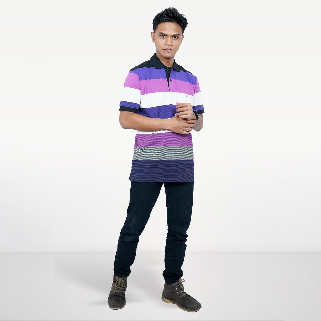 UNGU Hassenda Steward เสื้อโปโลผู้ชายลายทางแขนสั้นสีม่วง HPA10414CUNG