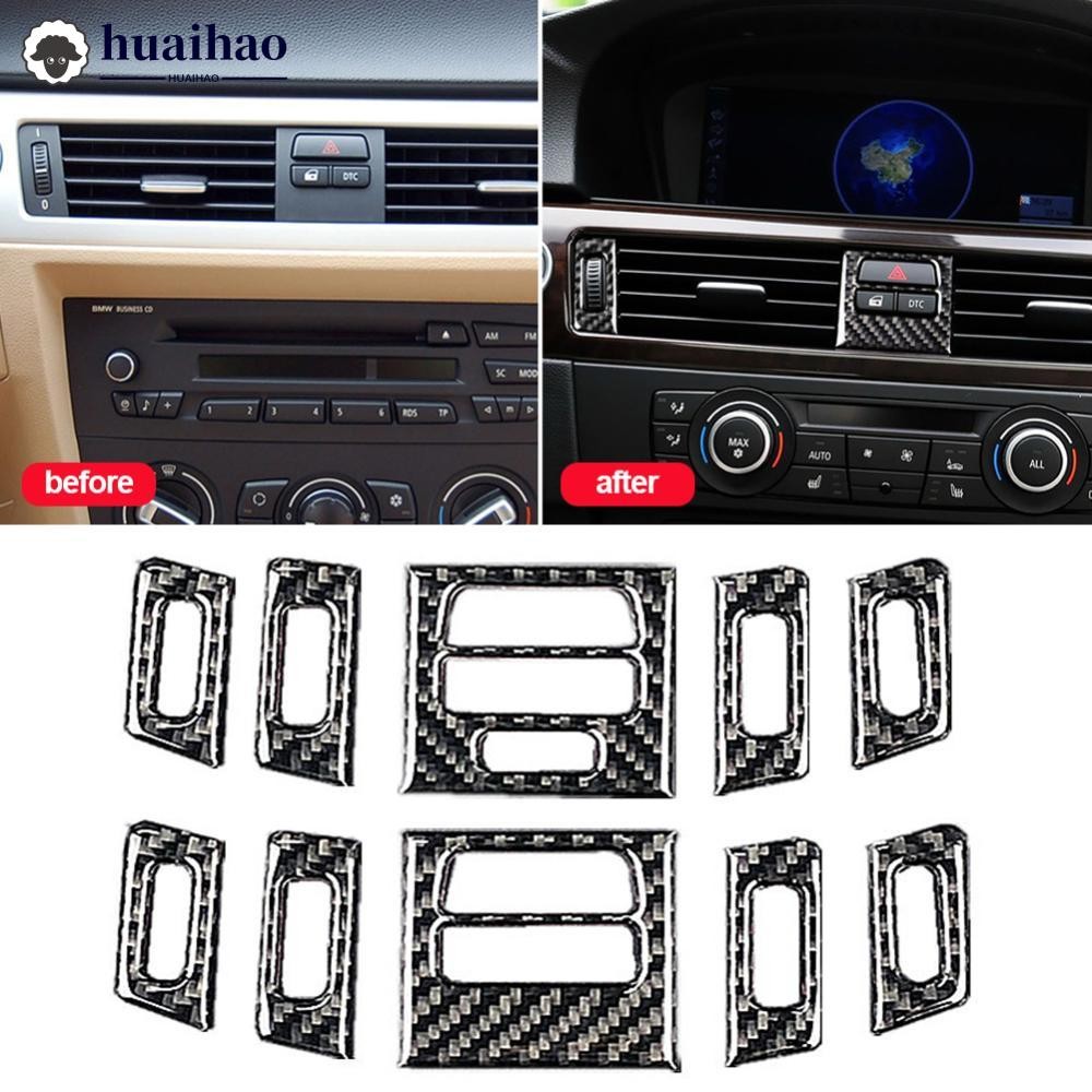 HUAIHAO 5 ชิ้นคาร์บอนไฟเบอร์ภายในรถ Auto ภายในสติกเกอร์ Central Air Vent Outlet Trims อุปกรณ์เสริมสํ