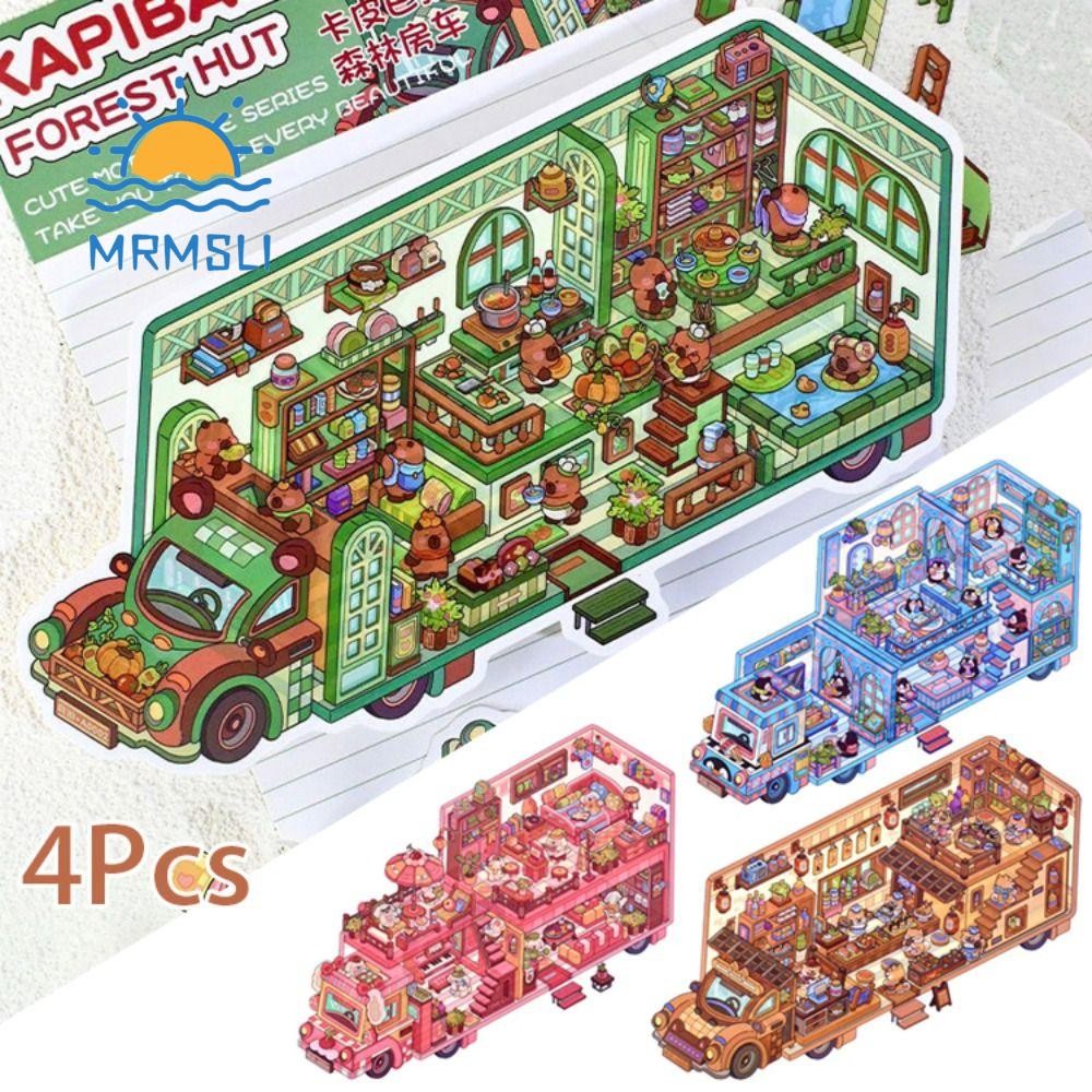 SHANCHAN 4 ชิ้น/เซ็ต Cabin ฉากสติกเกอร์เกม, DIY Handmade 2.5D ผลมอเตอร์ Home Landscape สติกเกอร์, Cr