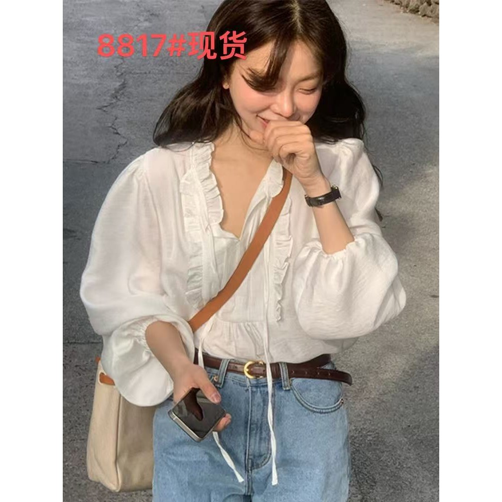 เกาหลีเกาหลีฤดูใบไม้ร่วงอ่อนโยนอารมณ์VคอLaced-Upเย็บเชื้อราขอบออกแบบพัฟแขนหลวมสีทึบเสื้อhappy Me Gua