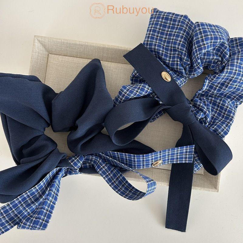 Rubuyou สีฟ้า ลายตารางหมากรุก โบว์ ยางรัดผม ลวดลาย ผ้าพันคอสี่เหลี่ยม เชือกผูกผม อเนกประสงค์-COD
