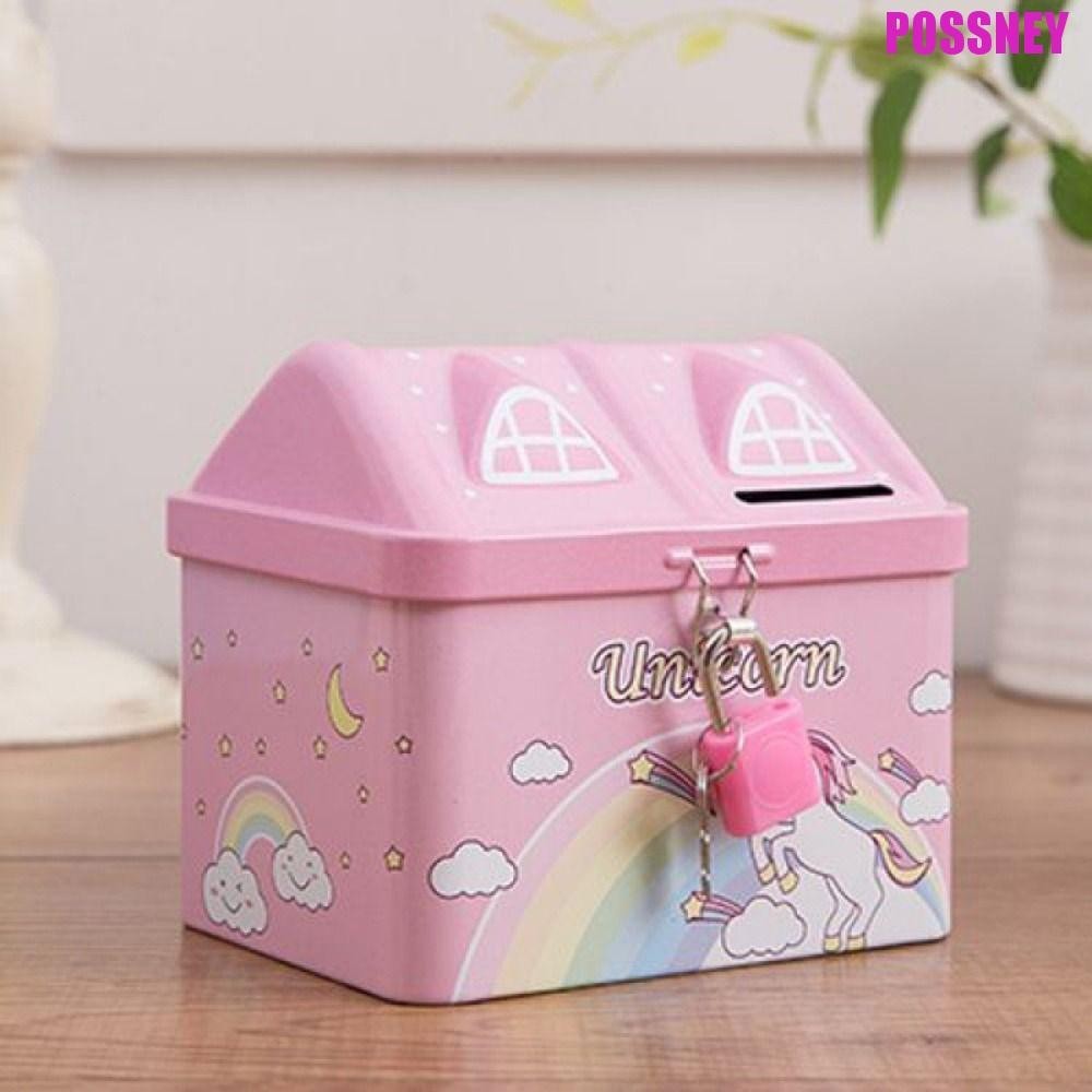 Possney ยูนิคอร์น Piggy Bank, น่ารักศิลปะเหล็ก Tinplate Piggy Bank, เหรียญออมทรัพย์กล่อง House Shape ที่มีการล็อคและกุญแจเด็กการ์ตูน Jar ตกแต่งบ้าน
