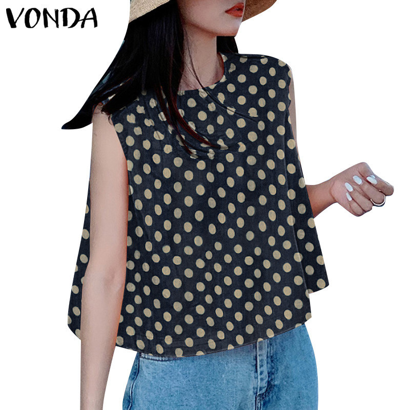 Vonda ผู้หญิงฤดูร้อนเกาหลีแขนกุดหลวมทุกวันแฟชั่น Polka Dots Tanks