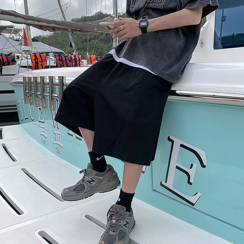 กางเกงขาสั้นทํางานลําลองขากว้างย้อนยุคอเมริกันสําหรับผู้ชาย กางเกงขากว้างทรงหลวมเอวสูงกระชับสัดส่วน