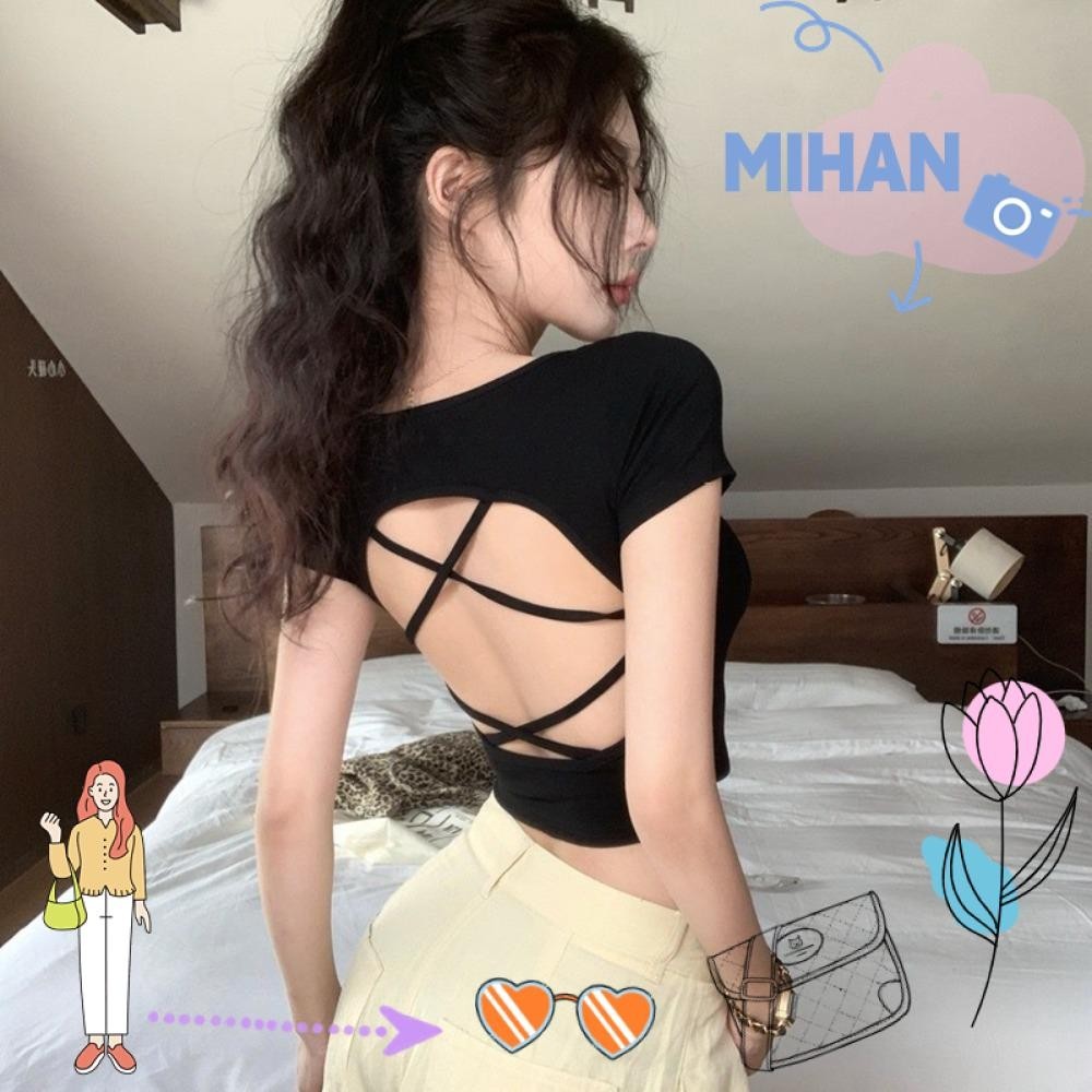 เสื้อยืด MH, Spice Girl Summer เสื้อกั๊กด้านหลังที่สวยงาม, แฟชั่นพร้อมแผ่นรองหน้าอก Slim Outerwear Crop Top Beach Vacation