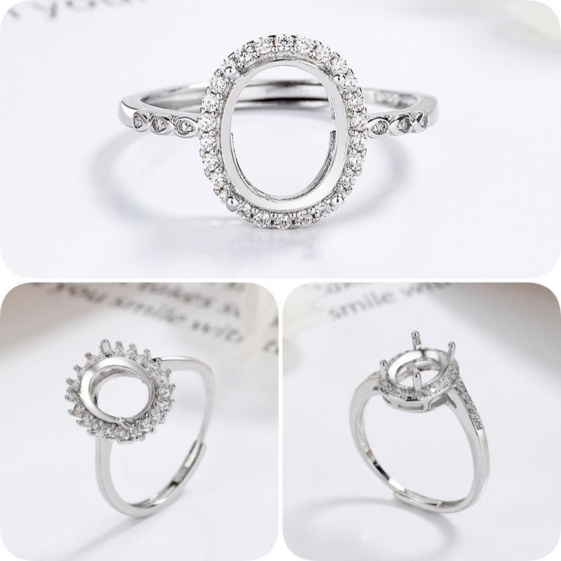 Universal DIY แหวนกรอบ S925 Silver Plated Open-End แหวนผู้หญิงถาดเปลือยฝังอัญมณี Jadeite รูปไข่ก๋วยเตี๋ยวไข่
